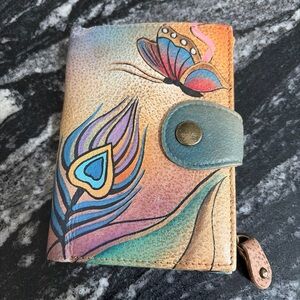 Hand-Painted Multicolor Leather Wallet with Peacock & Butterfly by Anna